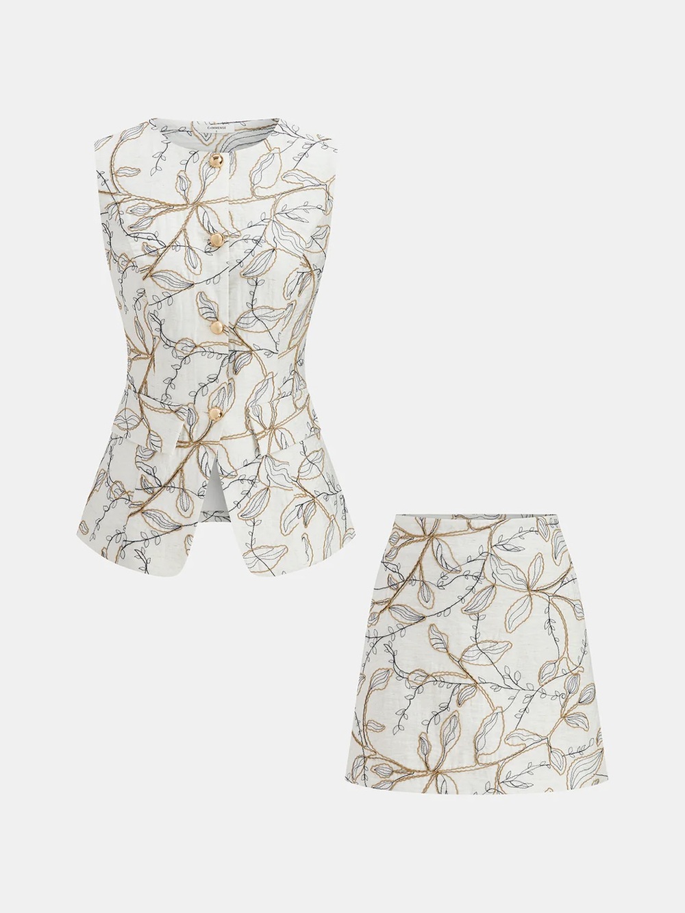 Commense White Floral Embroidered Skirt Set